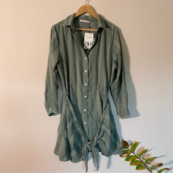 ZARA the Zoe Dress in moss green long sleeves vacay faux wrap dress size M NEW - Picture 7 of 7